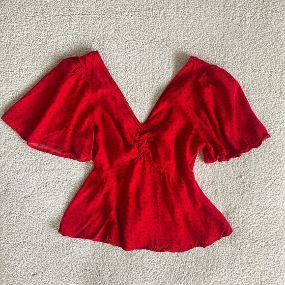 a new day Tops - a new day romantic cottage vibrant Red and Black Polka Dot Blouse XS